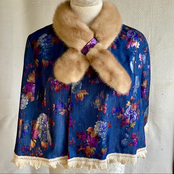Vintage Jackets & Blazers - Vintage Cape OS Mink Fur Rainbow Floral Print Wrap
